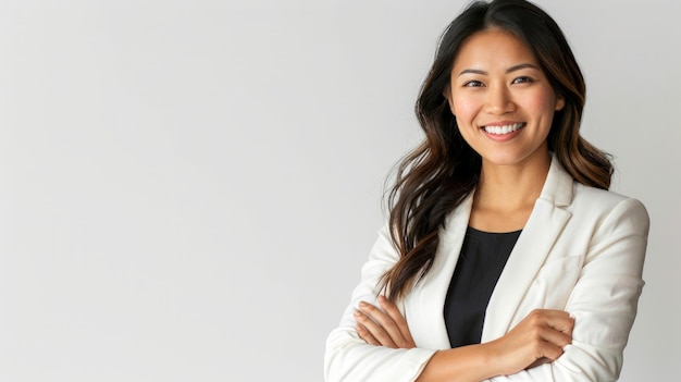 Photo portrait of a smiling asian businesswoman standing with arms folded and looking at camera isolated over white background