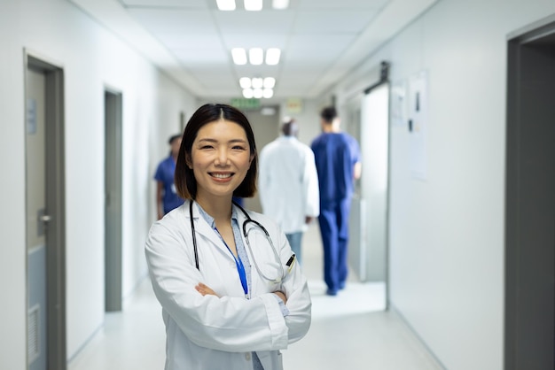 Портрет улыбающейся азиатской женщины-врача в оживленном больничном коридоре, пространство для копирования