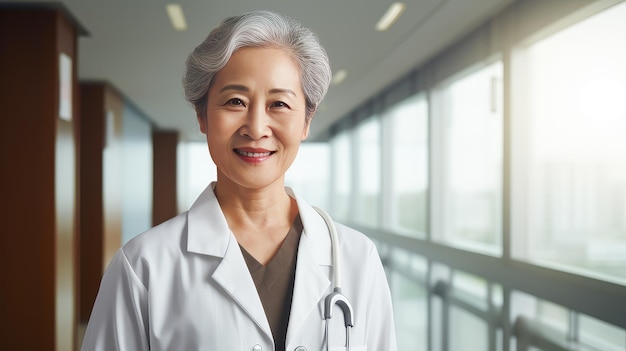 미소 짓는 아시아계 한국인 의사의 초상화. 의료실에서 스테토스코프를 들고 있는 노인 여성.