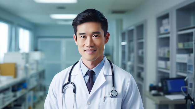 Portrait of a smiling Asian Korean doctor man with a stethoscope in a medical hospital with modern e