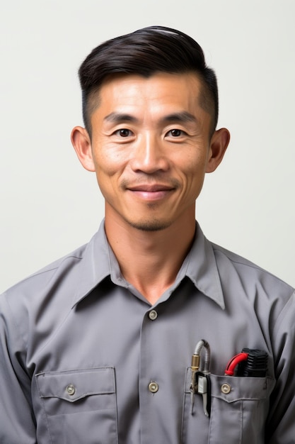 Photo portrait of a smiling asian man in a gray shirt