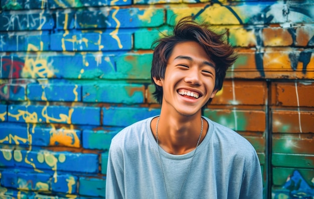 Foto ritratto di giovane teenager asiatico moderno sorridente che sta contro la parete dipinta in via della città