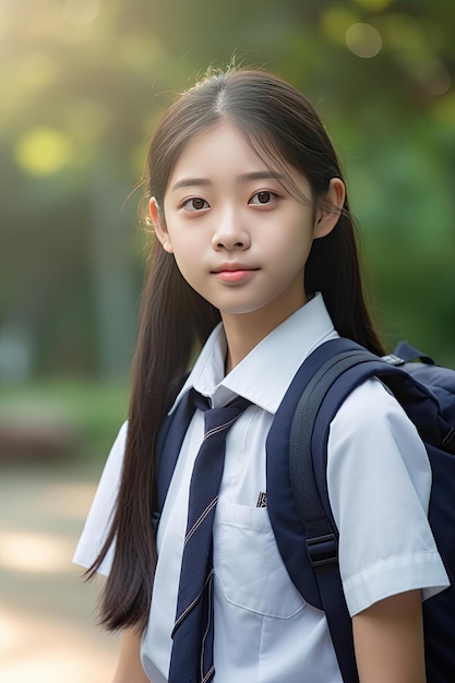 Portrait of smiling asian student girl wearing uniform