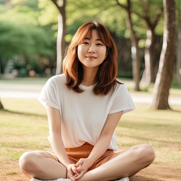 portrait of smiling Asian woman sitting on yoga mat in park