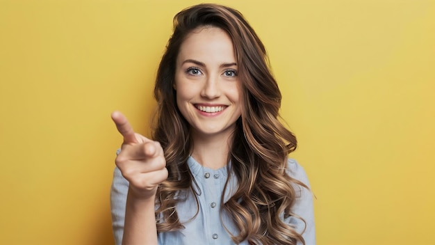 Portrait of a smiling attractive woman pointing finger