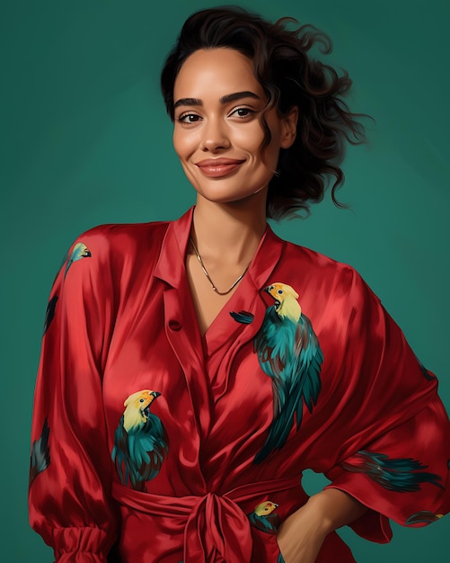 Портрет улыбающейся птицы в красном платье, стоящей и смотрящей на камеру