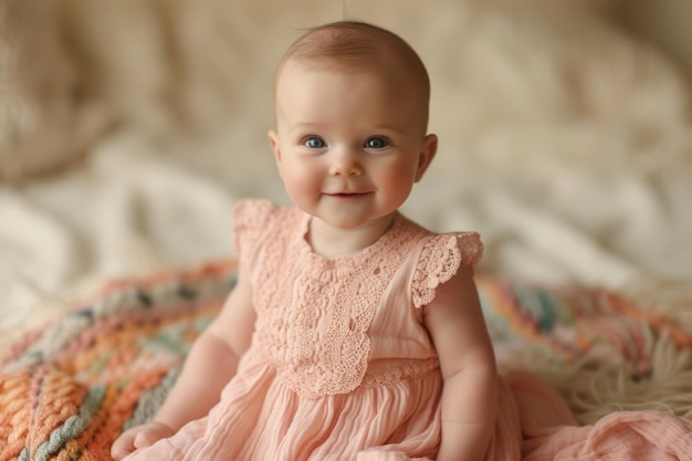 Portrait of a smiling baby girl in a pink dress