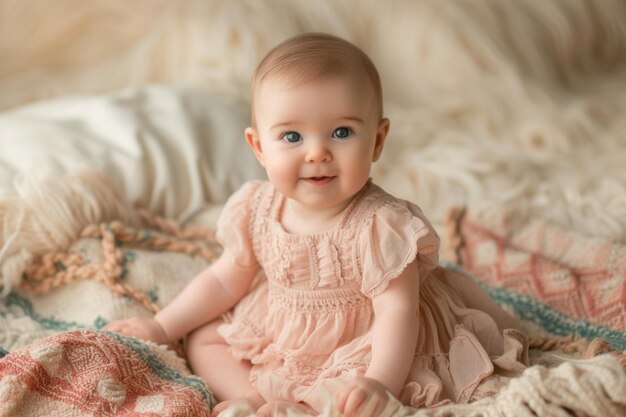 Portrait of a smiling baby girl in a pink dress