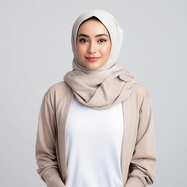 Portrait of smiling beautiful asian woman in casual shirt and hijab