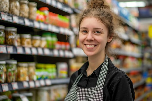 Portrait of a smiling beautiful female salesperson in a supermarket wearing a apron