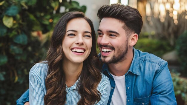 Portrait of smiling beautiful girl and her handsome boyfriend laughing