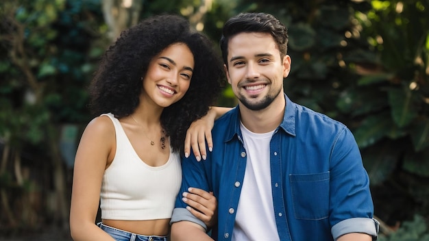 Photo portrait of smiling beautiful girl and her handsome boyfriend