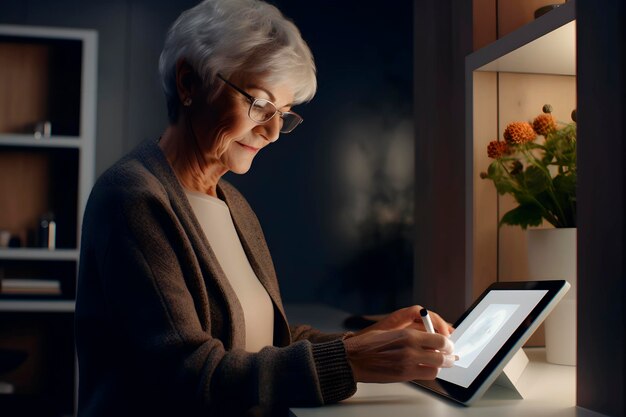 태블릿 컴퓨터 를 사용하는 미소 짓는 아름다운 노인 성숙 한 여성 의 초상화
