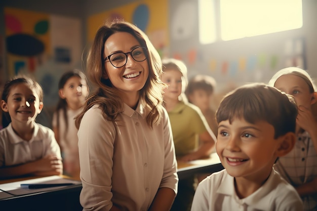 Portrait of smiling beautiful teacher in a class at elementary school looking at camera with learnin