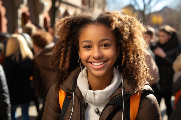 Portrait of smiling beautiful teenager with school bag outdoors on blurred background of school yard closeup Teen girl back to school