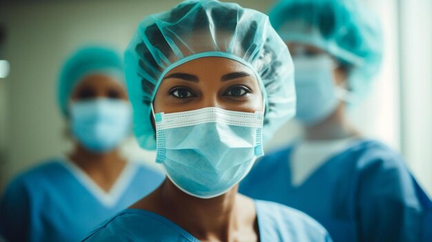 Portrait of smiling biracial female surgeon in mask and cap in operating theatre with colleagues