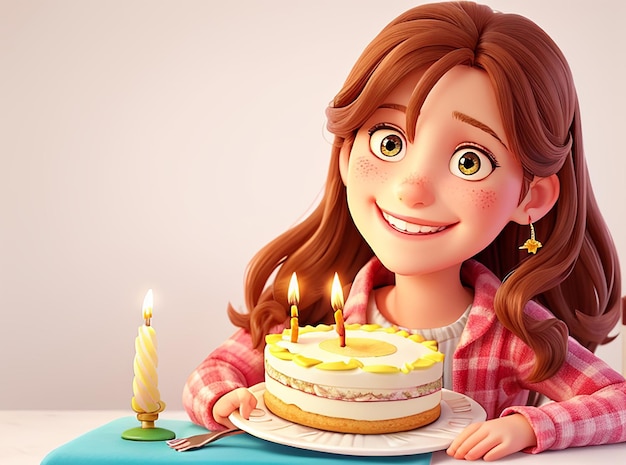 Portrait of a smiling birthday girl holding a slice of cake on plate with an illuminated candle