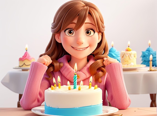 照らされたキャンドルと皿の上のケーキのスライスを保持している笑顔の誕生日少女の肖像画