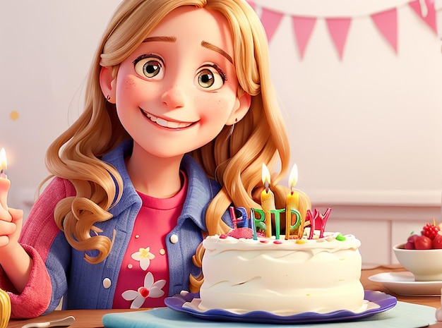 Portrait of a smiling birthday girl holding a slice of cake on plate with an illuminated candle