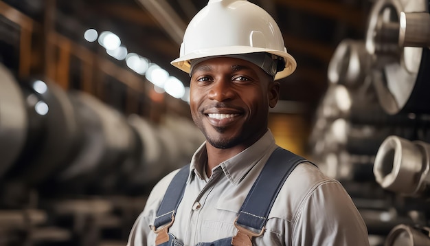 工場で白いヘルメットをかぶった笑顔の黒人男性のポートレート