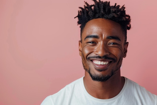 portrait of smiling black man in white Tshirt on pink background copy space