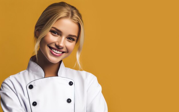 Portrait of a smiling blonde female chef isolated on a yellow background Copy space for text adver