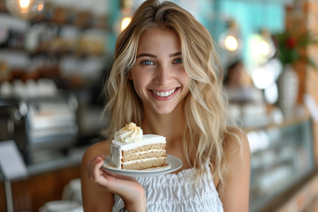 Портрет улыбающейся молодой блондинки, держащей кусок торта на тарелке в кафе