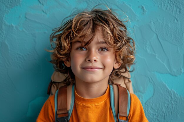 portrait of smiling boy with backpack looking at camera on blue background