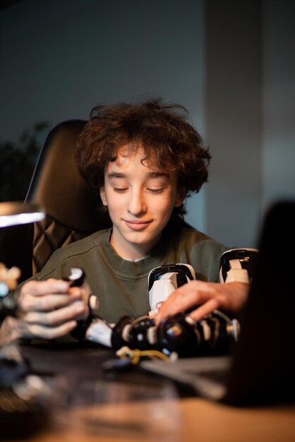 Portrait of smiling boy with curly hair spends time playing with toy assembles robot