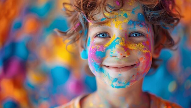 Portrait of a smiling boy with face covered with multicolored paint