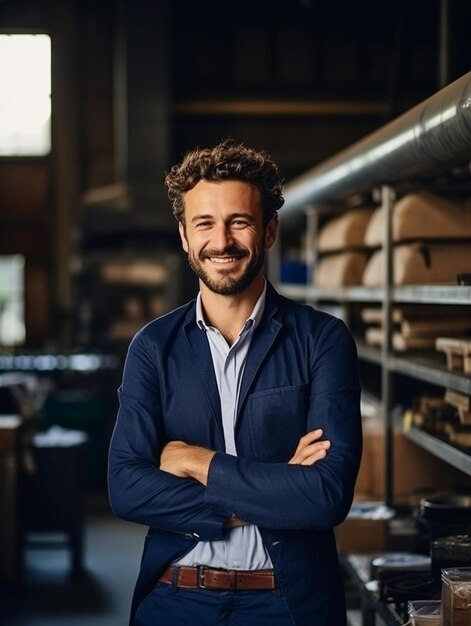 Foto ritratto di un imprenditore sorridente sullo sfondo di una piccola fabbrica di caffè