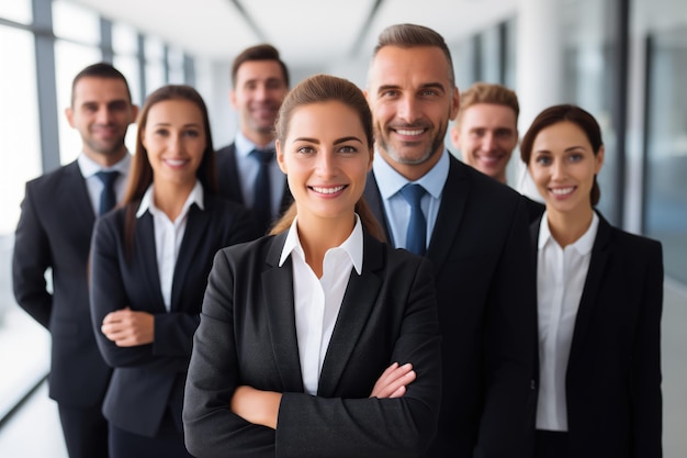 Портрет улыбающихся деловых людей, стоящих со скрещенными руками в офисе