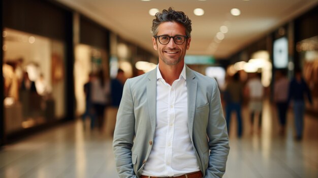 Photo portrait of a smiling businessman in a shopping mall