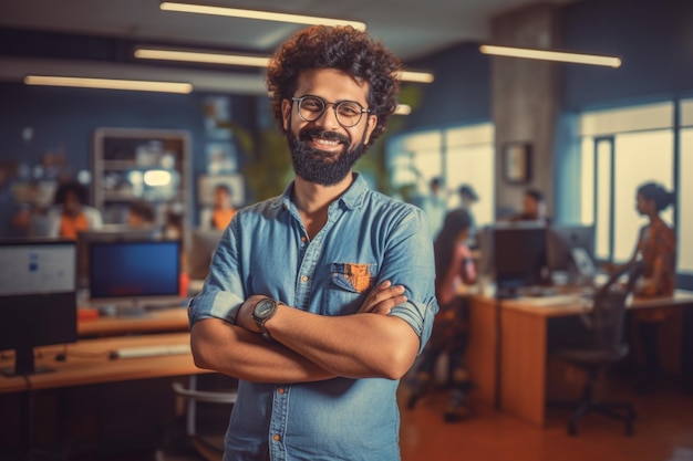 Portrait of smiling businessman standing with arms crossed in creative office