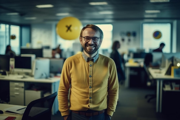 Portrait of smiling businessman standing with arms crossed in creative office