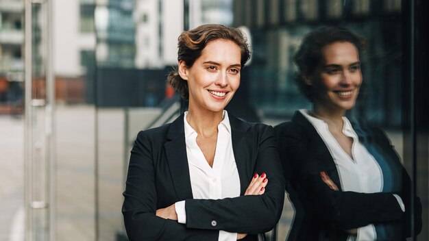 Foto ritratto di una donna d'affari sorridente appoggiata a una finestra di vetro