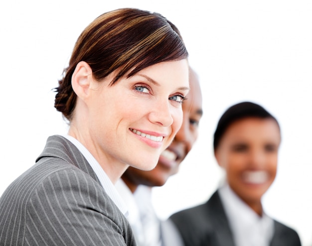 Portrait of smiling businesswoman listenning a presentation 