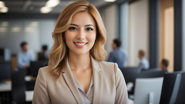 사무실에서 미소 짓는 사업가 여성의 초상화 그녀는 카메라를보고 있습니다