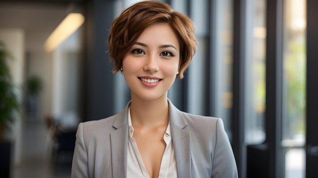 portrait of smiling businesswoman in office she is looking at camera