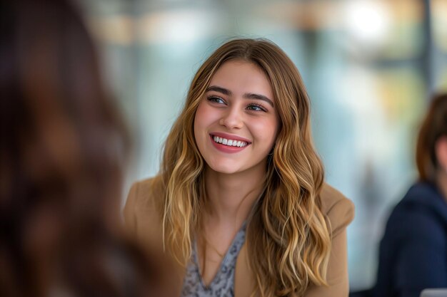 Portrait of a smiling businesswoman sitting in the office and looking at camera