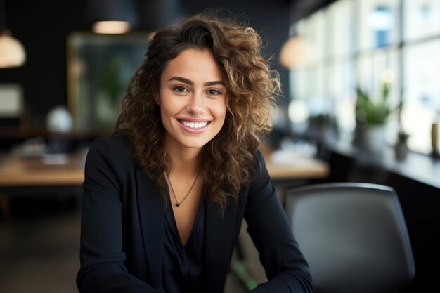 Photo portrait of a smiling businesswoman sitting at a table in a cafe