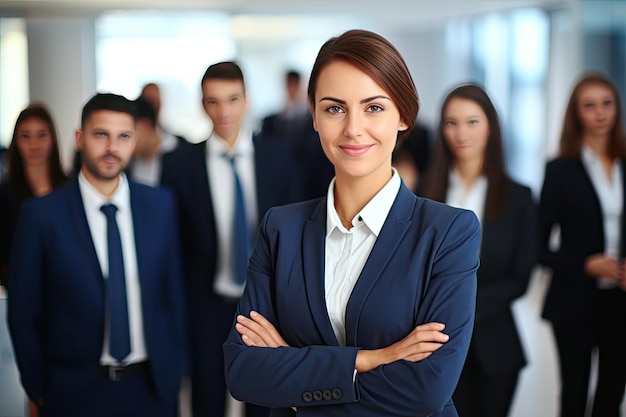 Portrait of a smiling businesswoman standing in front of her team