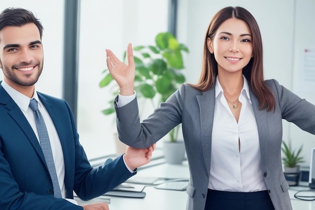 portrait of smiling businesswoman standing with crossing hands in office on colleagues background