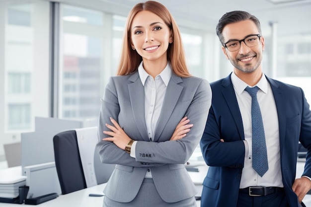 portrait of smiling businesswoman standing with crossing hands in office on colleagues background