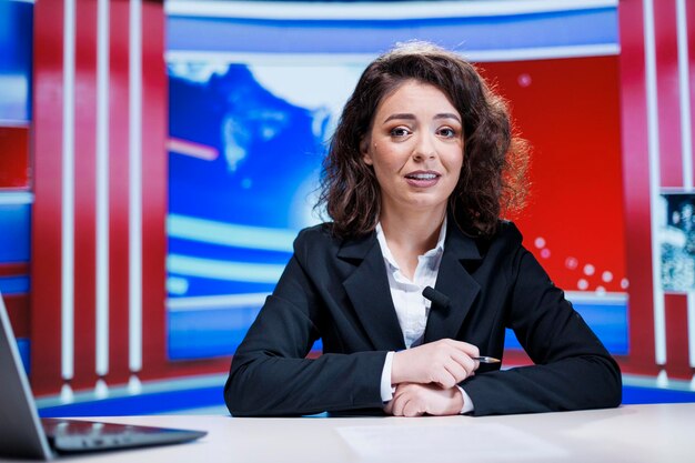 Photo portrait of smiling businesswoman using laptop while sitting on table