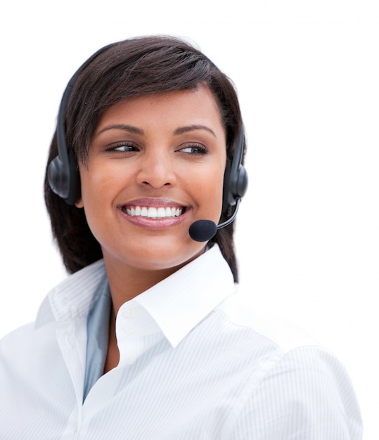 Portrait of a smiling businesswoman with headset on 
