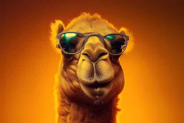 Portrait of a smiling camel wearing sunglasses in a golden yellow background