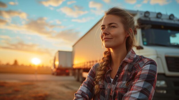 Photo portrait of smiling caucasian female truck driver with freight truck at the background