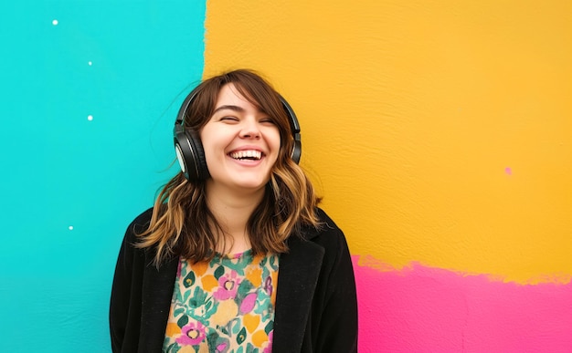 Photo portrait of a smiling caucasian woman listening to music or podcast in wireless headphones