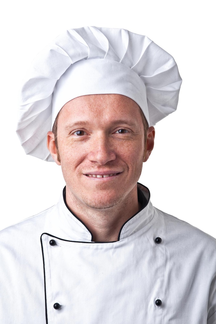 Photo portrait of smiling chef against white background